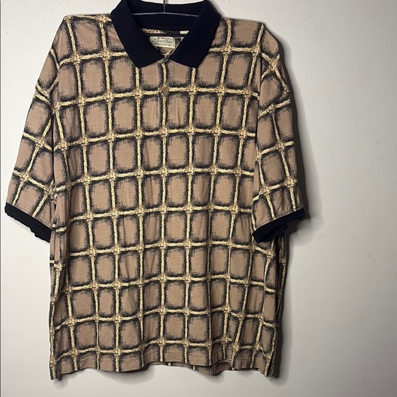 St. John's Bay Tan and Black Polo Shirt with Geometric Pattern - Picture 1 of 7